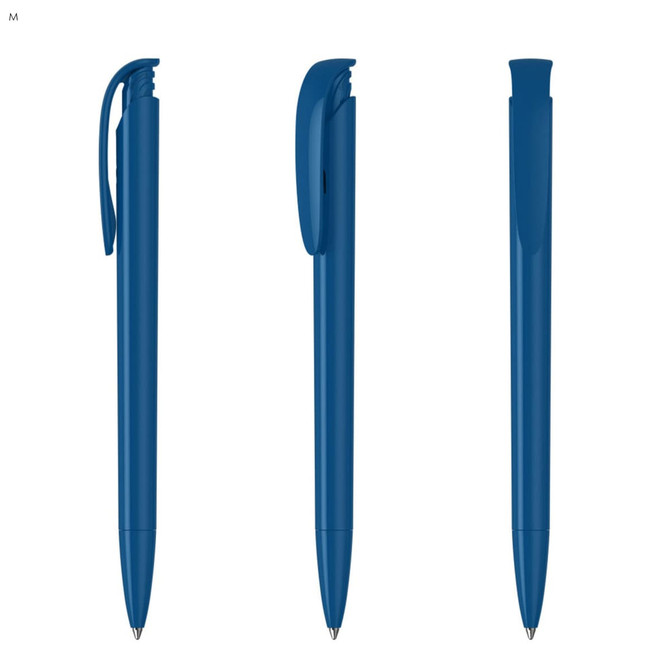 A set of blue plastic pens displayed from different angles, featuring a design with a clip and a smooth finish.