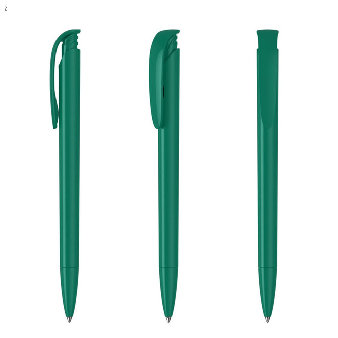 A set of three green plastic pens with a sleek design and a clip for attachment. The product has branding on it.