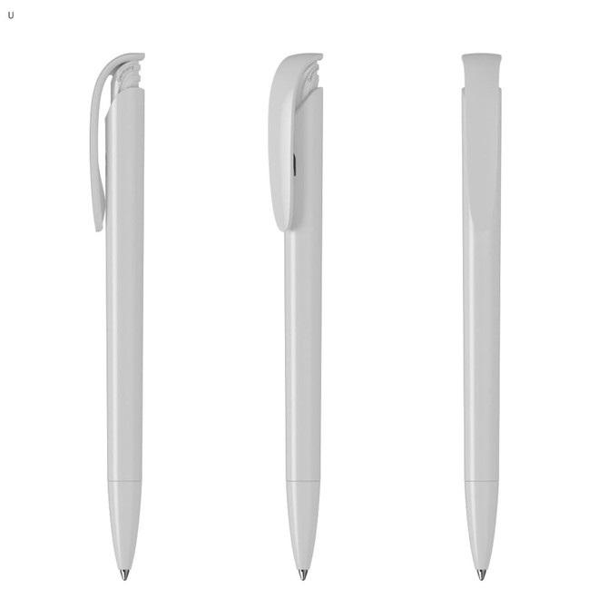 A set of three white plastic pens with sleek designs and clips, showcasing different angles. Each pen has a branding logo.