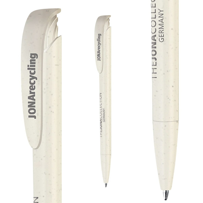 A plastic pen in a light cream colour with a textured finish, featuring a branding logo.