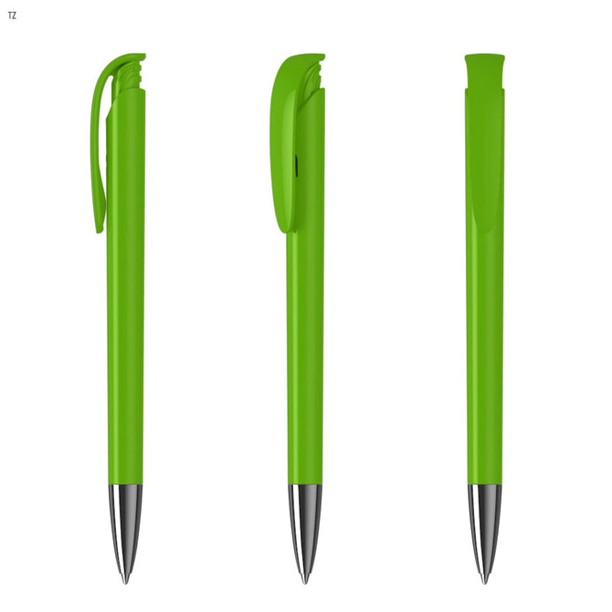 A set of three green plastic pens with silver tips and clip-on caps, featuring a branding logo.