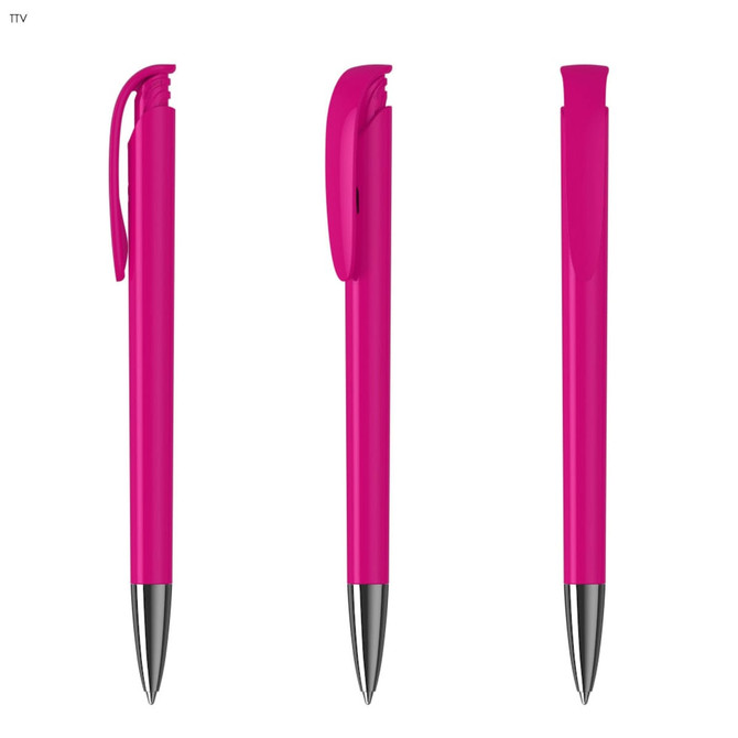 A pink plastic pen featuring a retractable design and a shiny silver tip, with a branding logo on the side.