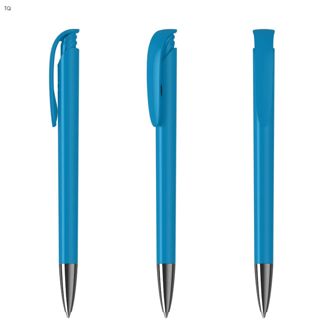 A set of three blue plastic pens with silver tips, featuring a clip and a smooth design. Each pen has a different angle.
