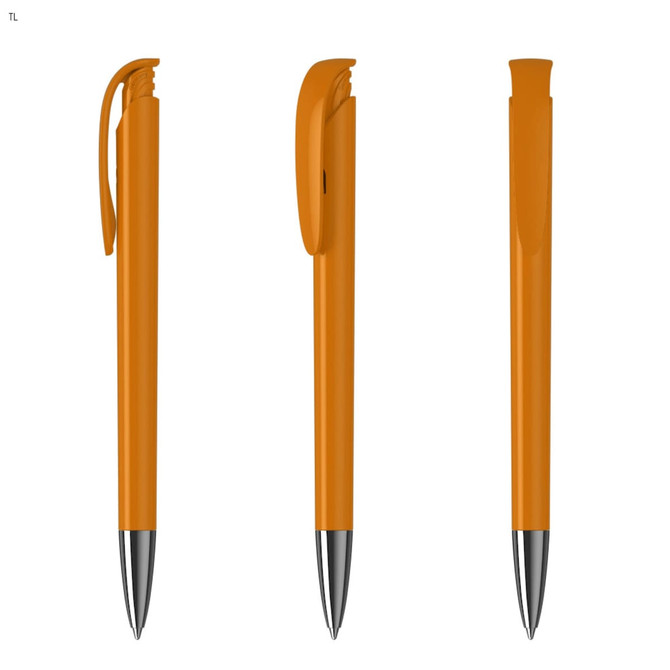 An orange plastic pen with a silver tip and a clip, shown from three different angles.
