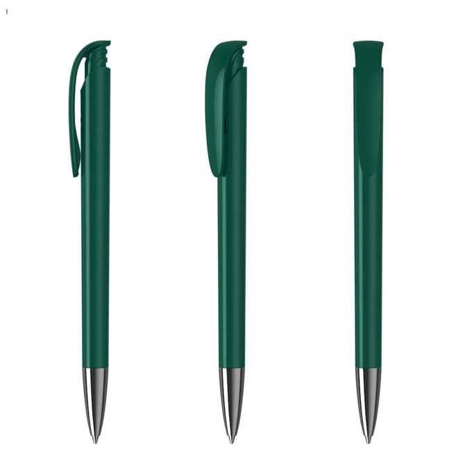 A green plastic pen with a glossy finish, featuring a clip and metallic tip, shown from three angles.