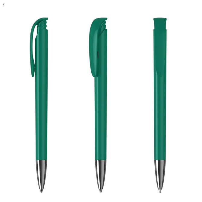 A plastic pen in a vibrant teal colour with a shiny silver tip and a clip on the side; features a logo.