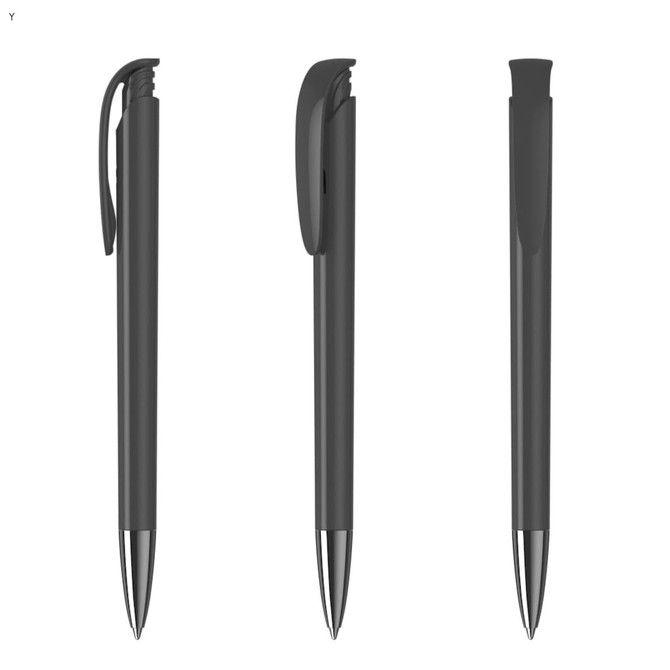 A set of three grey plastic pens featuring sleek designs and silver accents, with a logo on one side.