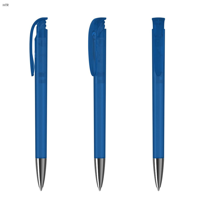 A plastic pen in transparent blue, featuring a silver-toned tip and clip, displayed from multiple angles.