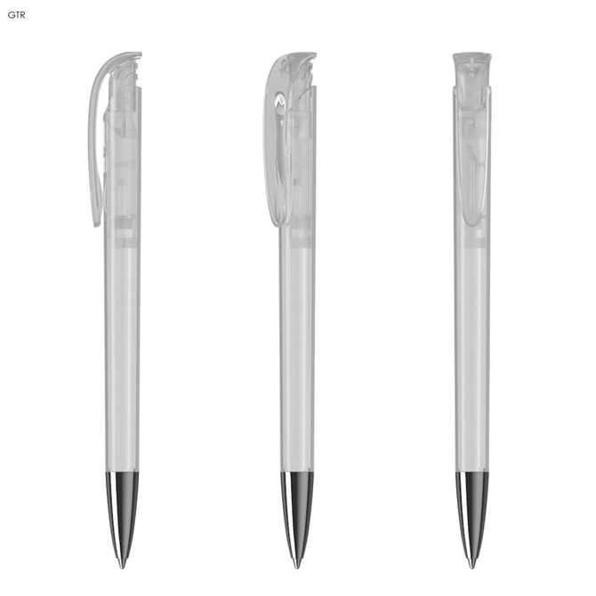 A clear plastic pen with a black tip and clip, showcasing a sleek, minimalist design.