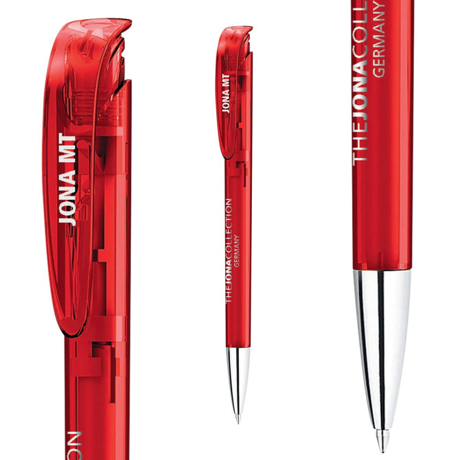 A red plastic pen with a transparent barrel and a silver tip. Features a branding logo.