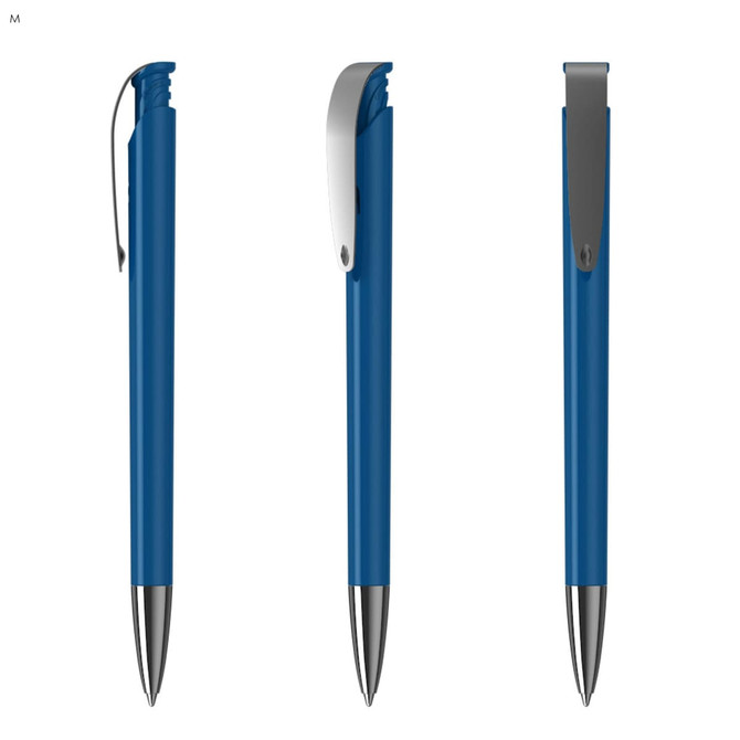 A blue plastic pen with a silver clip, featuring a sleek design and a shiny tip. It includes a logo on the barrel.