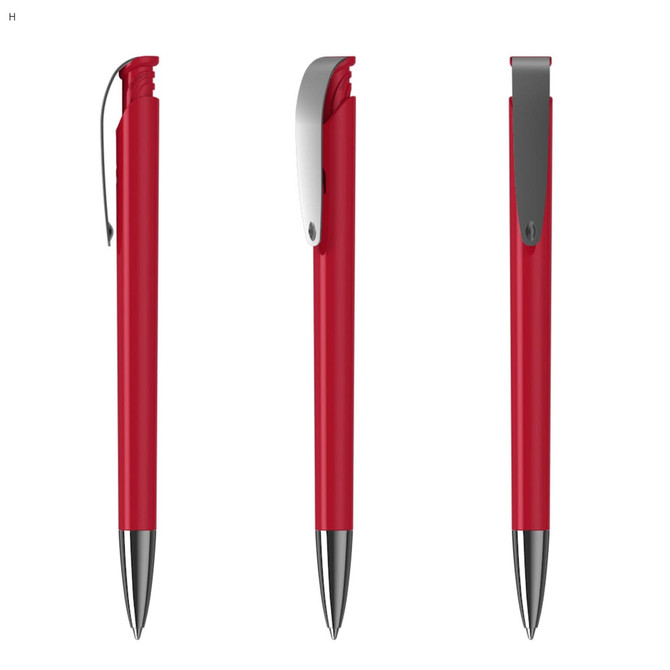 A red plastic pen with a silver clip, displayed from three angles. It features a sleek, modern design.