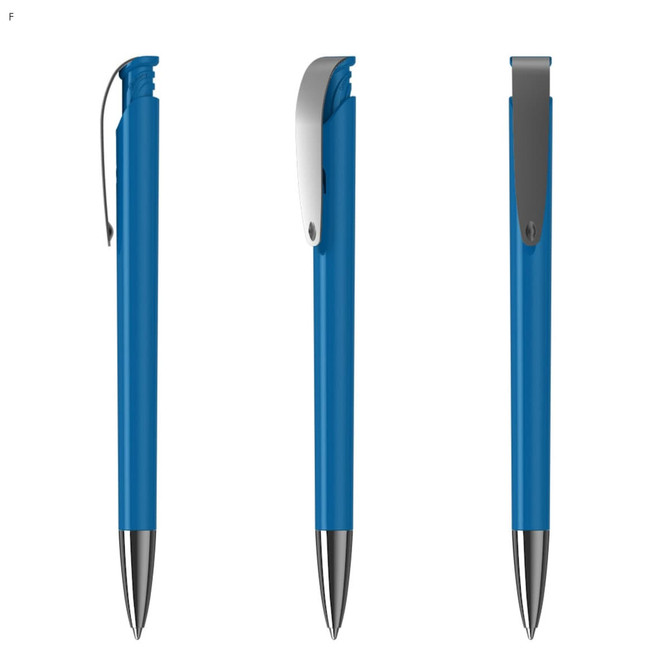 A blue plastic pen with a silver clip, displayed from three different angles. The pen has a smooth finish and a branding logo.