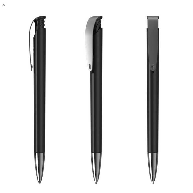 A set of three black plastic pens with a shiny silver clip and tip, each showing a different angle.