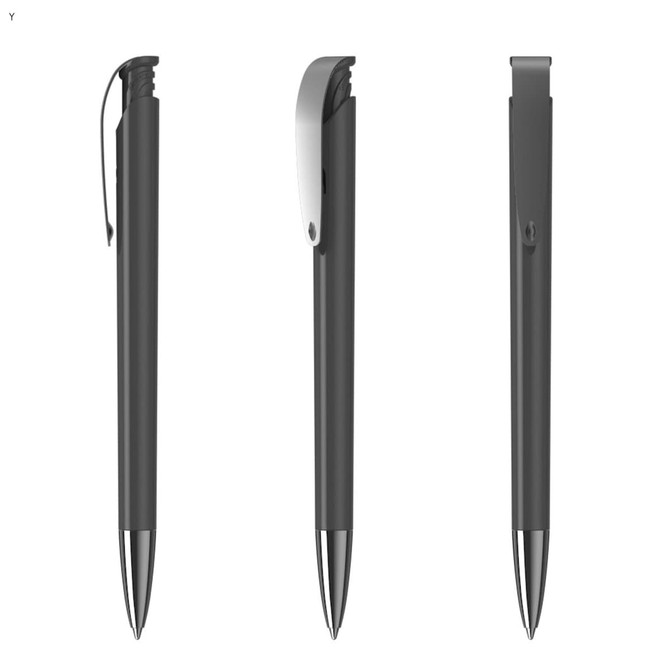 A plastic pen in black with a silver clip, displayed from multiple angles. Features a simple design and a logo.
