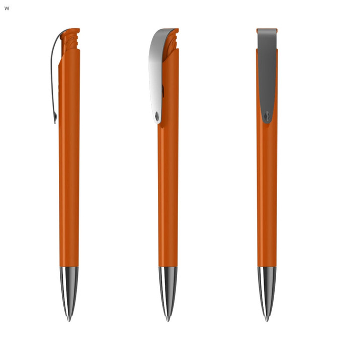 An orange plastic pen with a silver clip, shown from three different angles. The pen has a glossy finish.