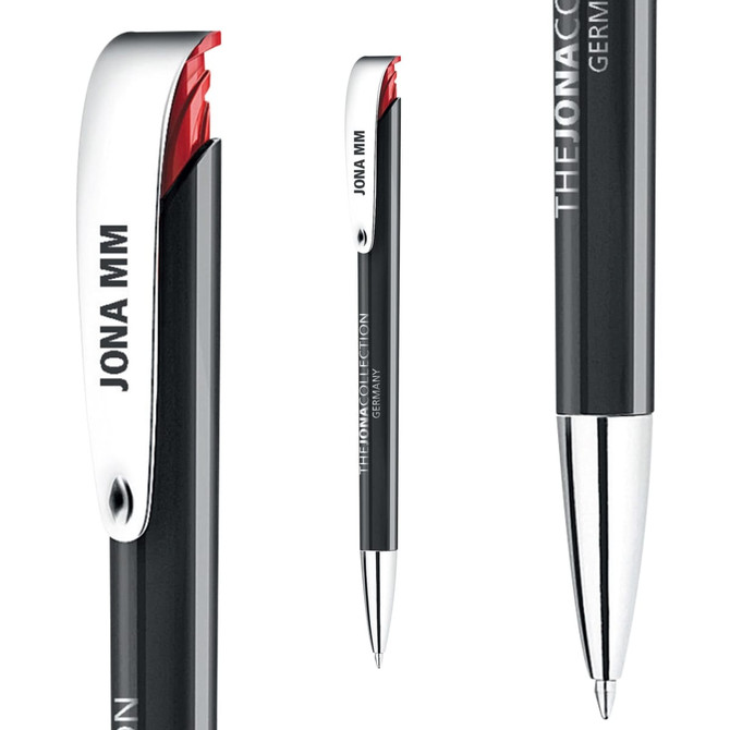 A black plastic pen with a silver clip and red accents, featuring branding on the clip.