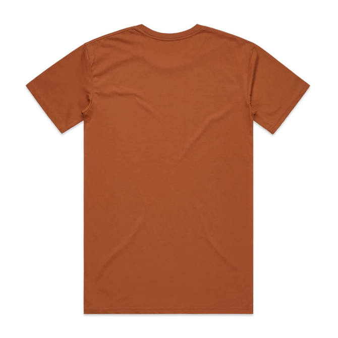 A brown T-shirt featuring a back view with a smooth texture and no visible designs. It has a logo on the label.