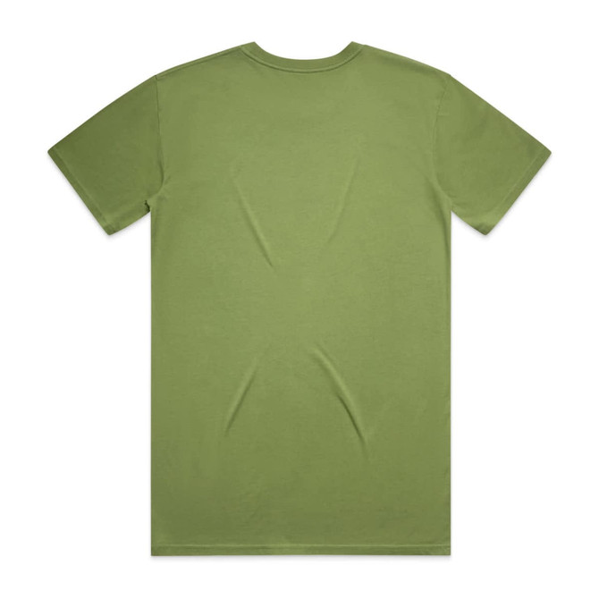 An olive green T-shirt with a plain back, featuring a logo. Suitable for casual wear.