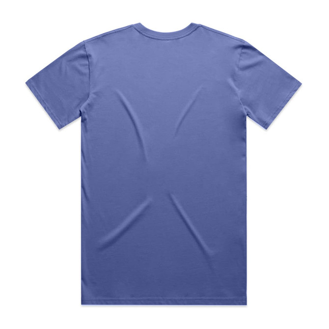 A blue T-shirt with a plain back, featuring a simple cut and design. It has a logo on the back.