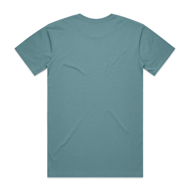 A teal t-shirt featuring a plain back design and a logo on the label.