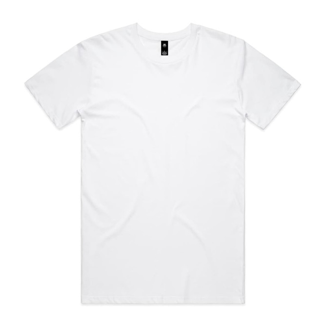 A white T-shirt featuring a simple design and a brand logo at the neckline.
