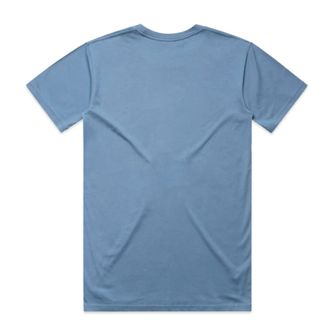 A blue t-shirt with a standard crew neck and short sleeves, featuring a plain back and a logo.