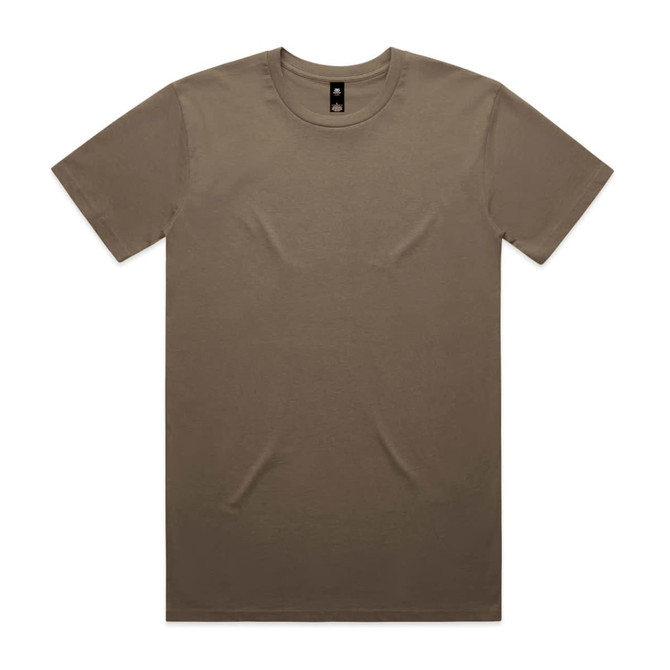 A plain brown T-shirt with a round neck and short sleeves, featuring a brand logo on the label.