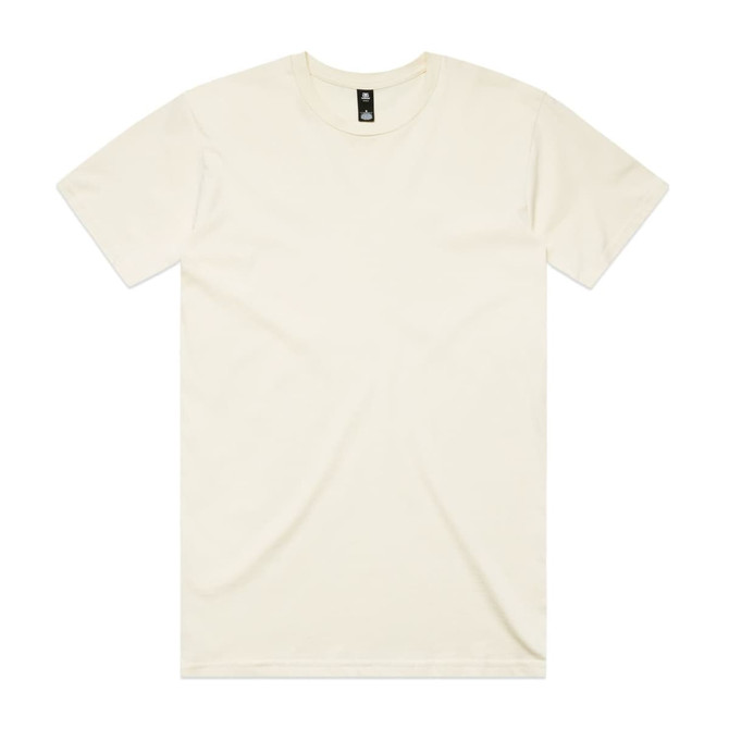 A plain cream-coloured T-shirt featuring short sleeves and a round neckline, with a logo on the label.