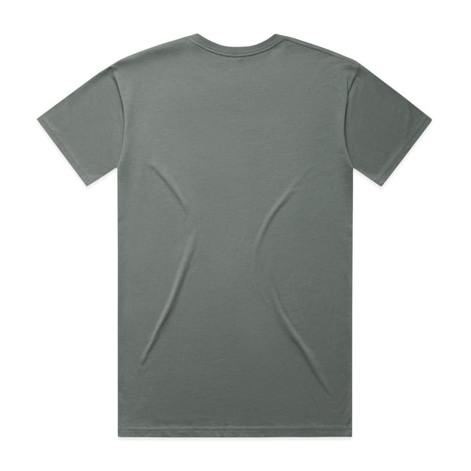 A grey T-shirt with a crew neck and short sleeves, featuring a plain back and a logo on the label.