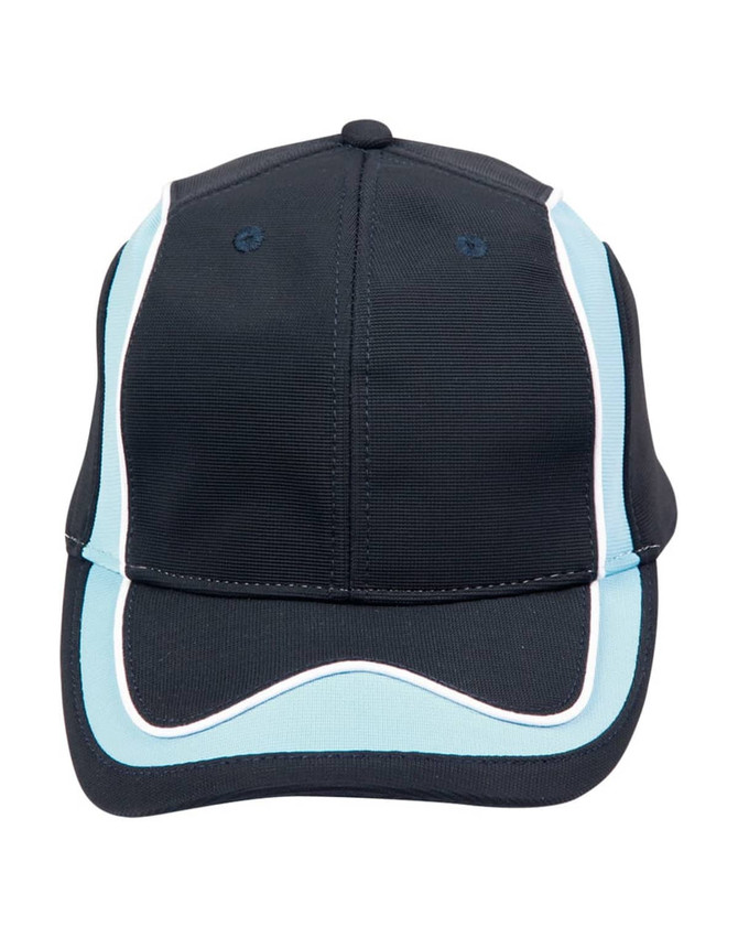 A black cap with light blue accents and a branded logo on the front.