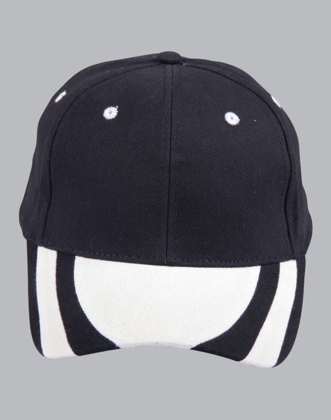 A black cap featuring a white and black patterned peak, with a logo on the front.