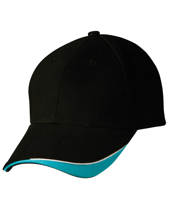 A black cap with a turquoise peak and piping, featuring a logo on the front.