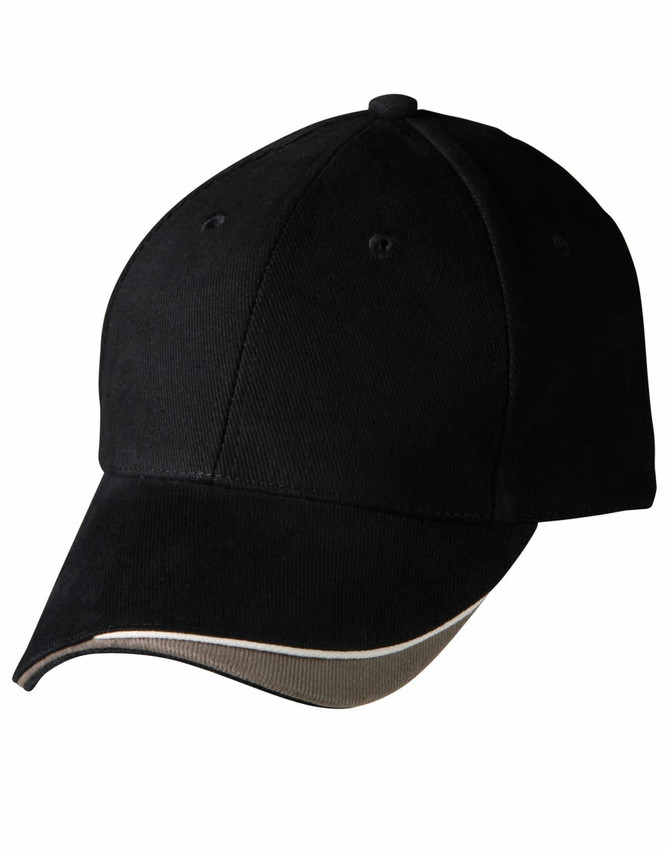 A black cap with a curved brim, featuring a logo and contrasting trim along the edge.