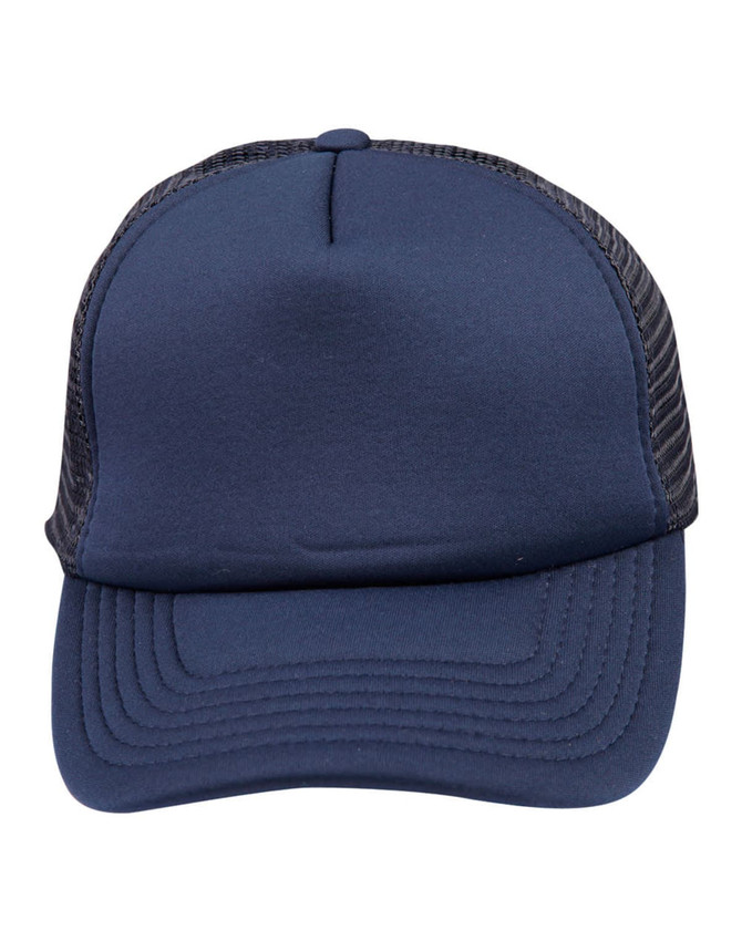 A navy trucker cap featuring a solid front panel and mesh back. Includes a logo on the front.