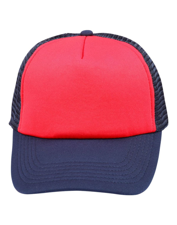 A red and navy trucker cap with a mesh back and a curved brim. It features a branding logo on the front.
