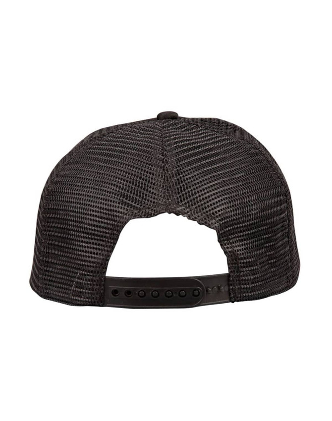 A black trucker cap with a mesh design at the back and an adjustable strap. Features a logo on the side.