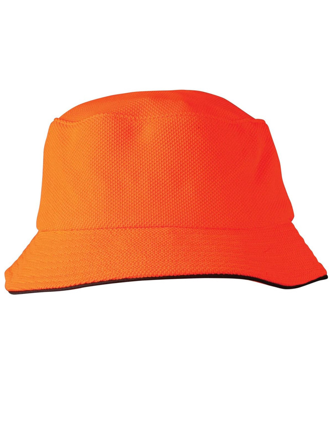 An orange bucket hat with a textured surface and black sandwich trim around the brim, featuring a logo.