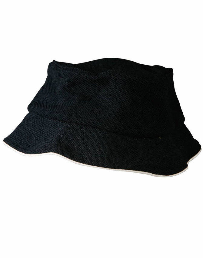 A black Pique mesh bucket hat with sandwich trim. Features a comfortable design and has a logo.