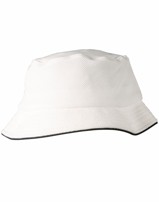 A white bucket hat with a textured pique mesh design and sandwich trim, featuring a logo.