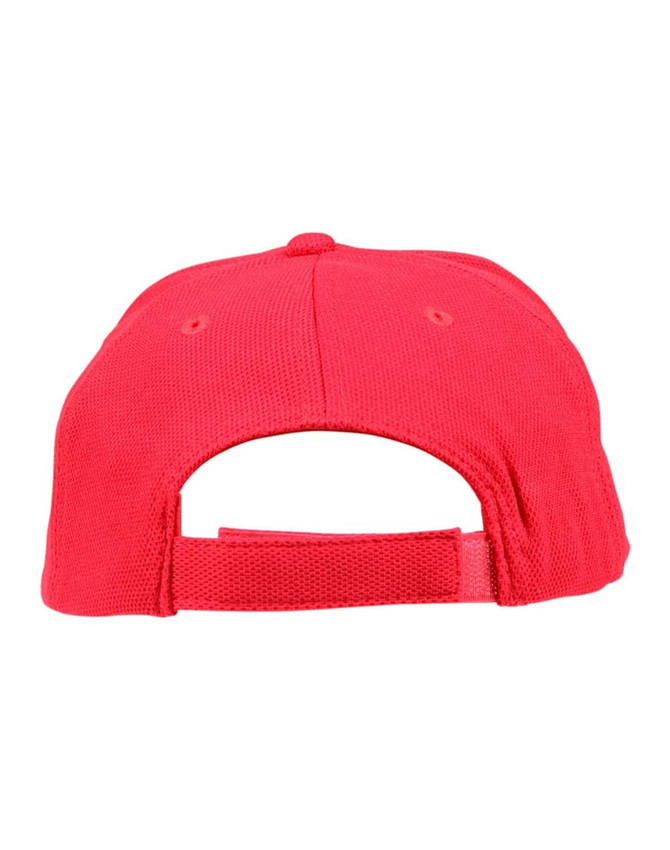 A red cap with a mesh design, featuring a back adjustment strap and ventilation holes. It has a logo on the side.