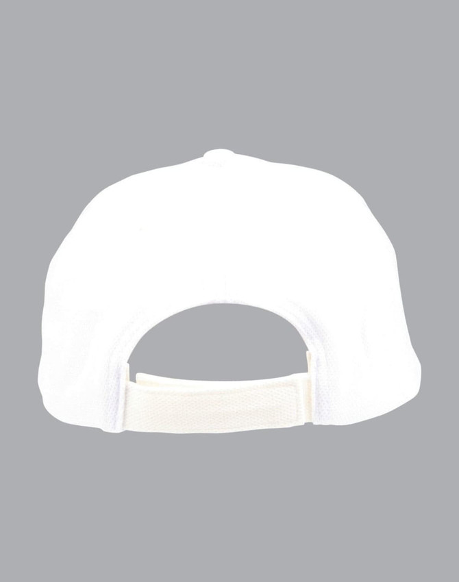 A white cap with a contrasting back adjuster and a logo on the side.