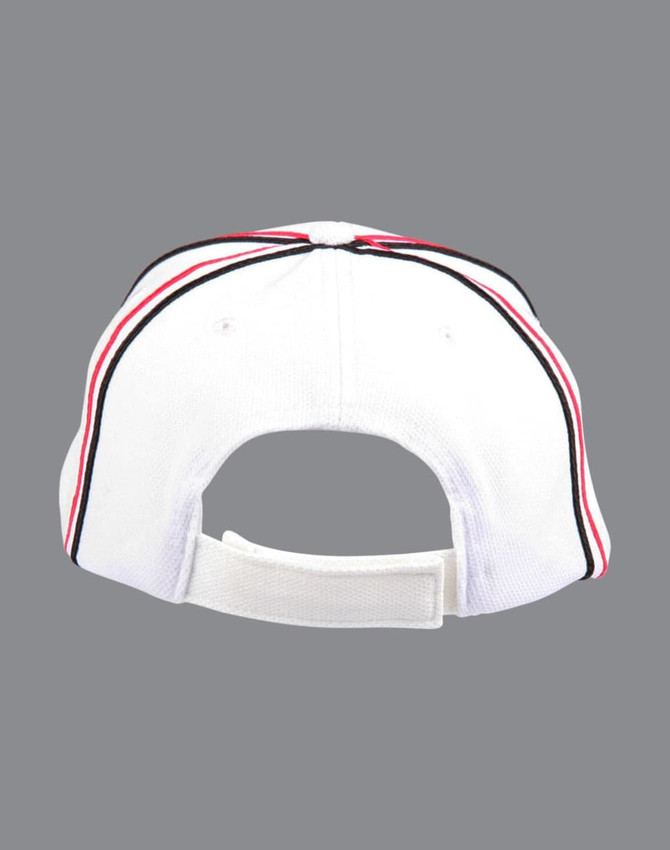 A structured cap in white with red and black accents and a rear adjustable strap. Features a branding logo.