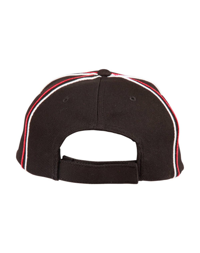 A black cap featuring tri-colour stripes, with a structured back and an adjustable strap. Includes a logo.