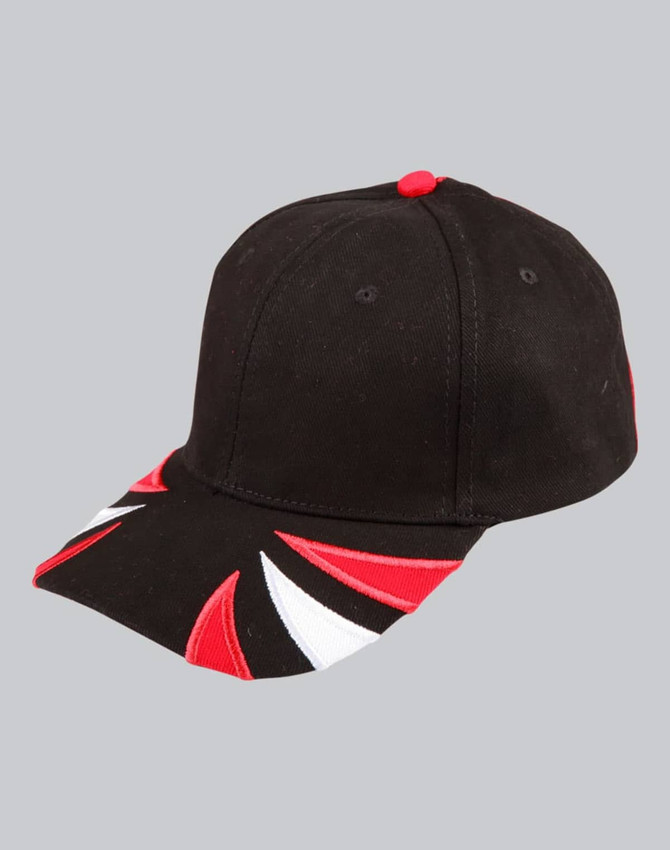 A black cap featuring tri-colour red, white, and black design elements, with a logo at the front.