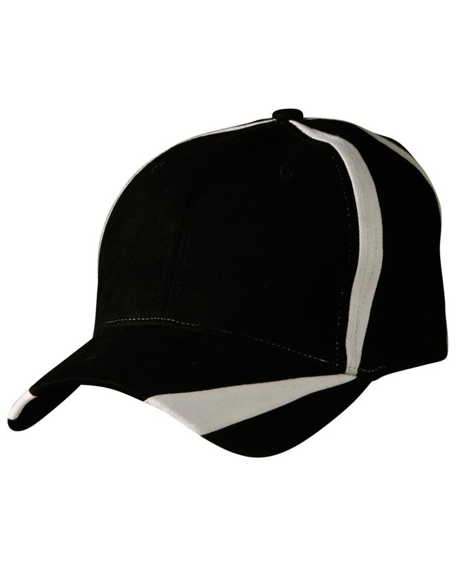 A black baseball cap with white contrast stitching and a logo on the front.