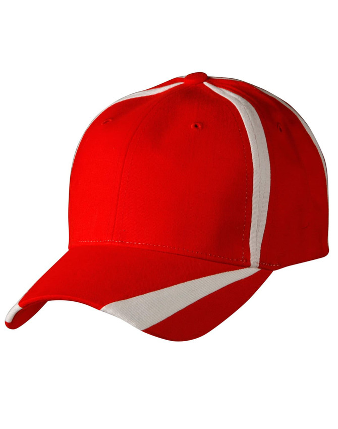A red baseball cap featuring white contrast stripes and an adjustable back, with a logo on the front.