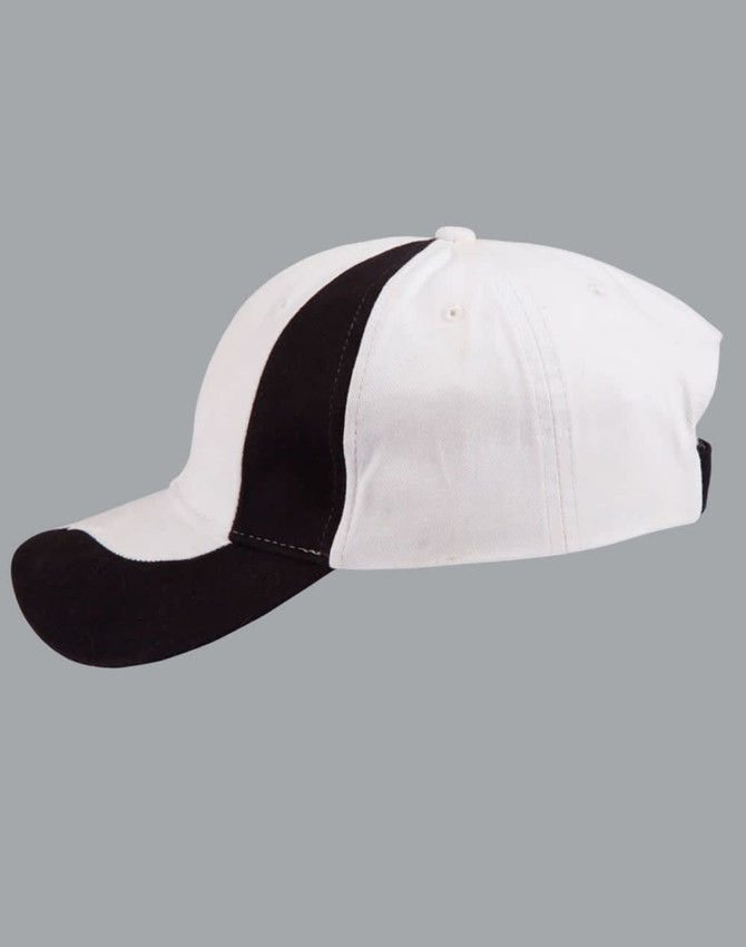 A baseball cap with a white crown and black peak, featuring a side stripe and a logo.