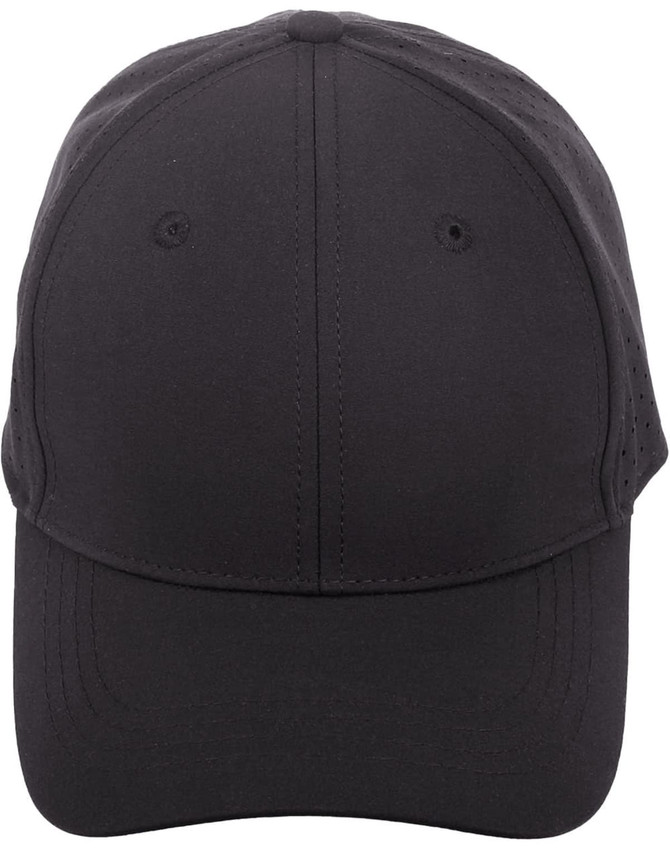A black runner's cap with a 4-way stretch design and laser-cut ventilation details, featuring a logo.