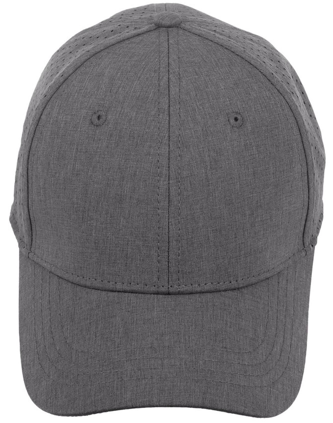 A grey cap with a structured fit and laser-cut ventilation panels. Features a logo on the front.